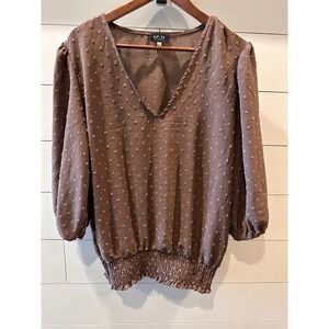 No 11 Los Angeles Brown Clip Dot Smocked Hem V-Neck Blouse XL Puff Sleeve